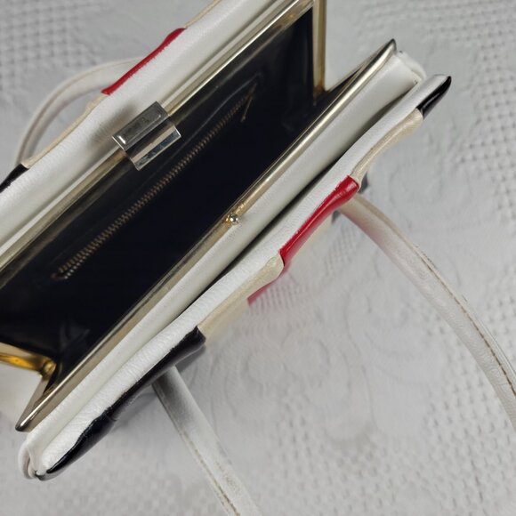 Vintage purse frame bag MCM classic white blue black cream red wide retro stripe - Picture 11 of 12
